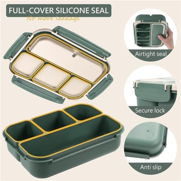 Adult, Kids Bento Lunch Box - 4 Compartments, Utensil Set, for School Dark Green - Picture 4 of 8